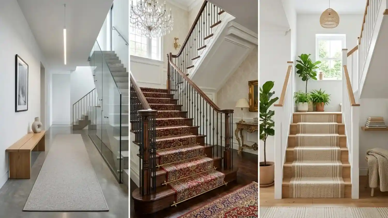 Comparison of modern, traditional, and neutral stair carpet runner styles.