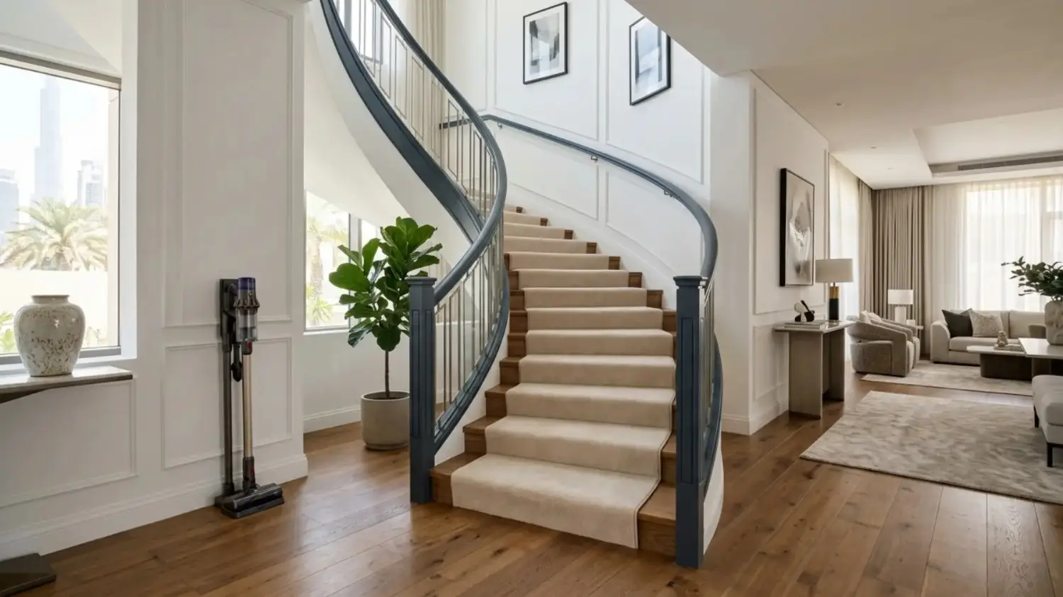 Vacuum cleaner near carpeted curved staircase in dubai.