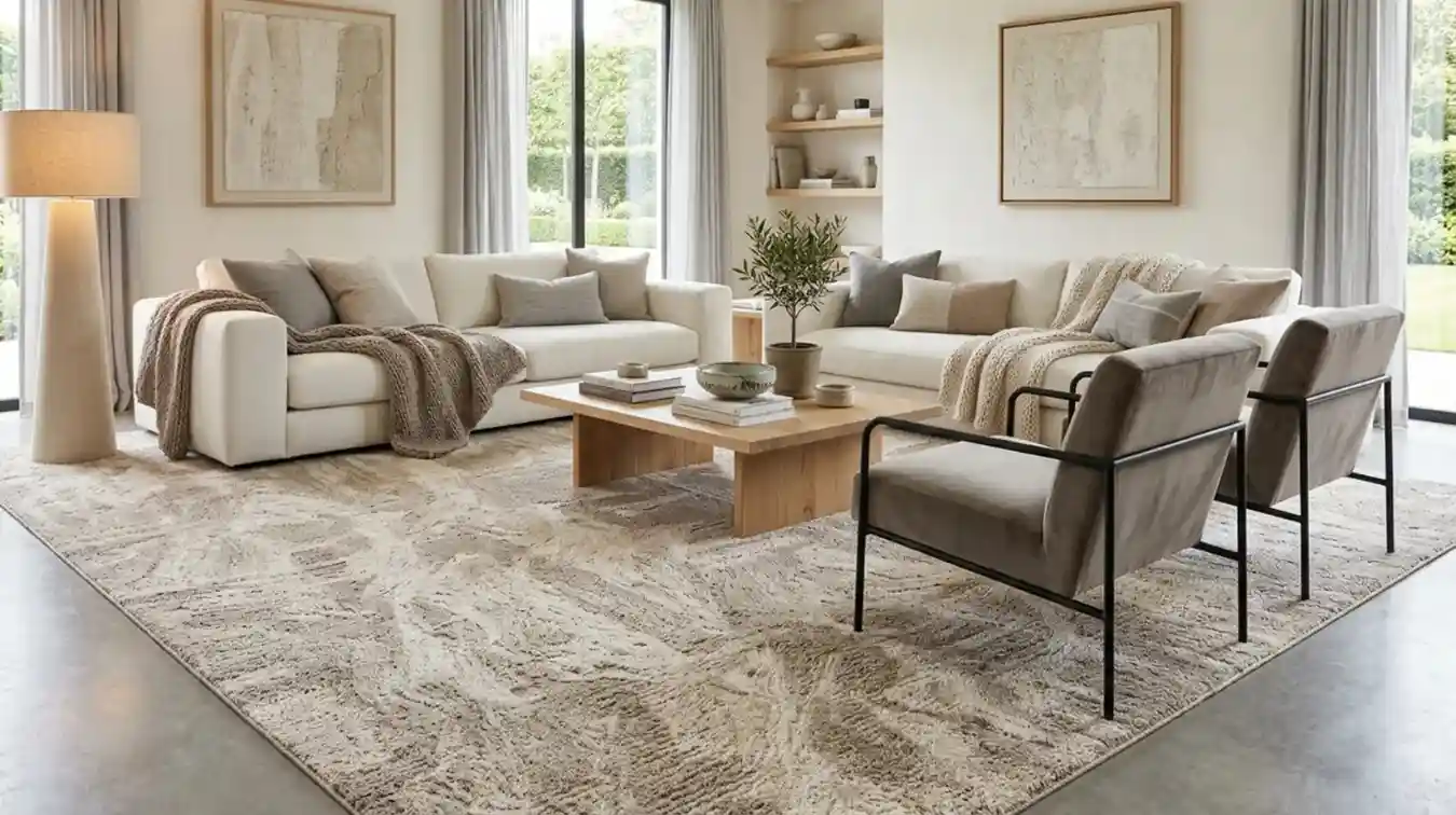 Modern neutral living room interior with cream sofas.