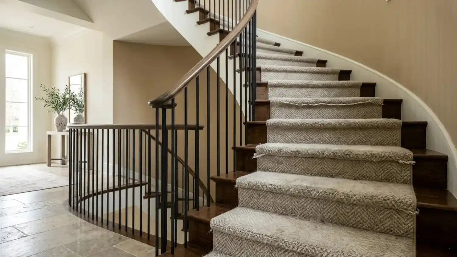 Modern Textured carpet runner on curved staircase.
