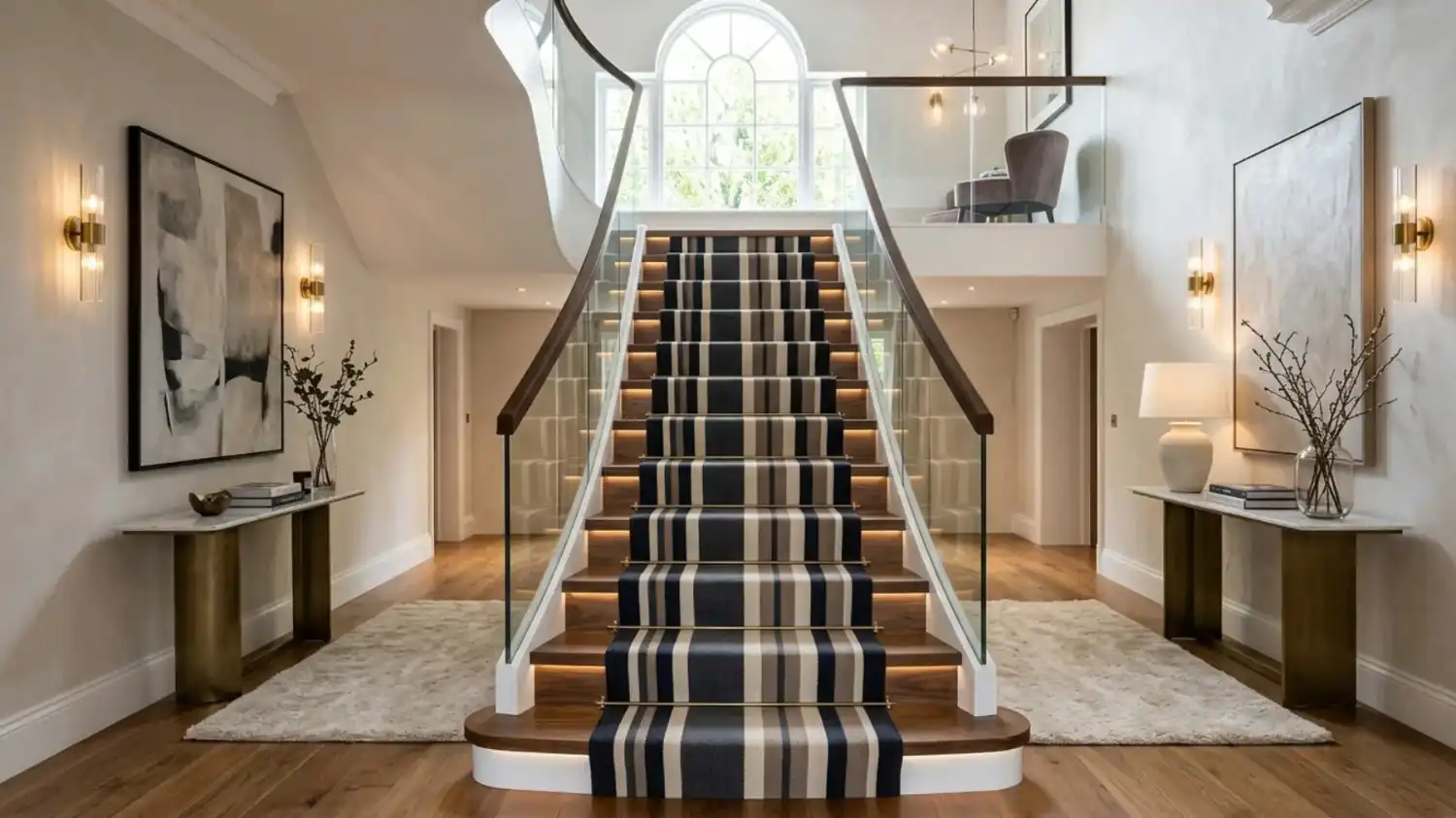 Modern staircase with striped carpet runner.