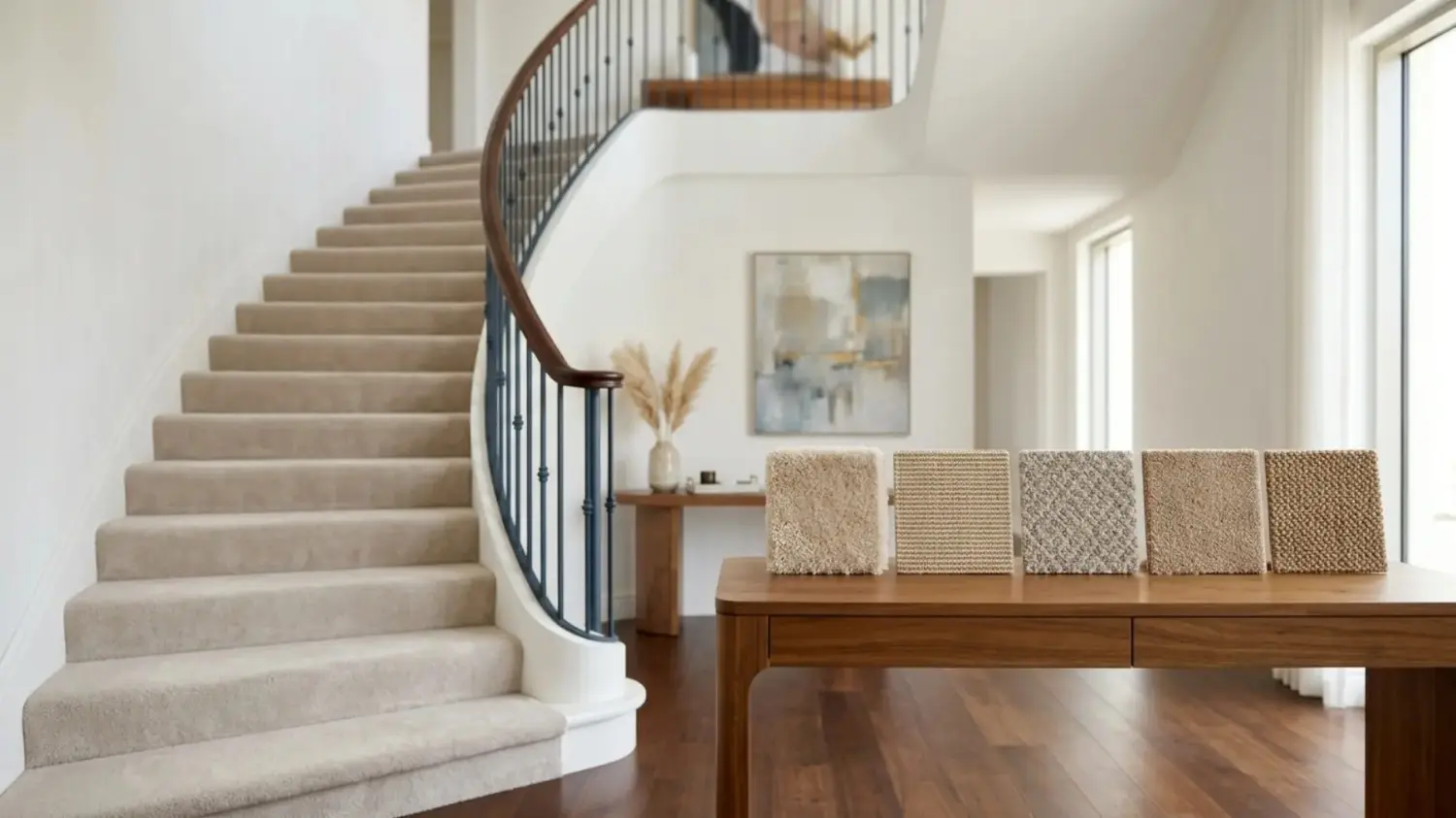 Carpet samples on table near staircase in dubai.
