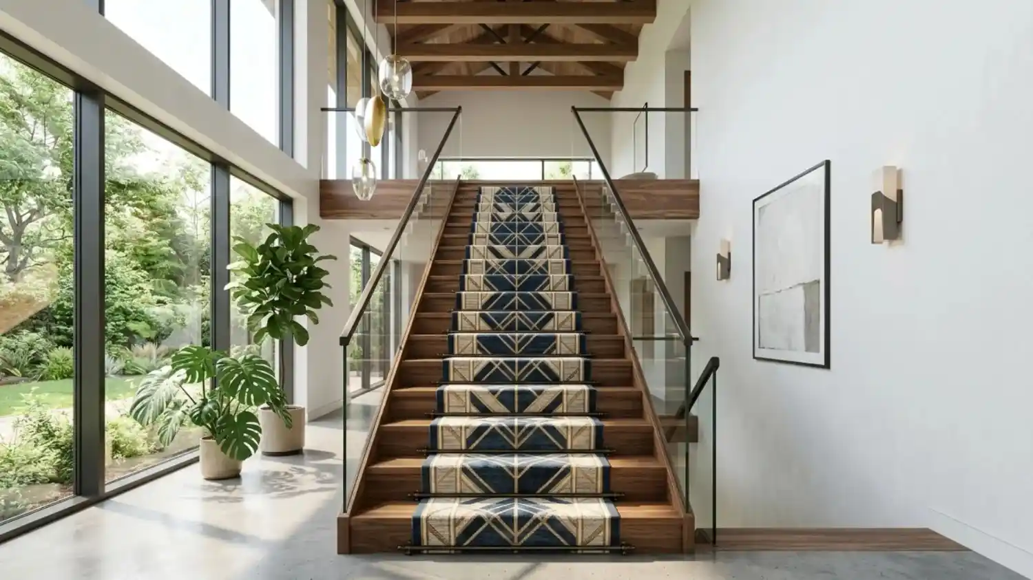 Modern wooden staircase with navy geometric carpet runner.